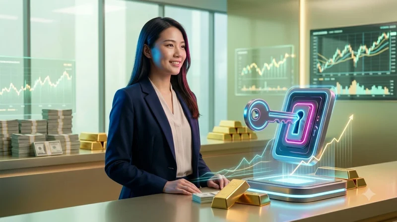 Bàn tay cầm điện thoại với biểu tượng khóa và giao diện khôi phục mật khẩu trừu tượng