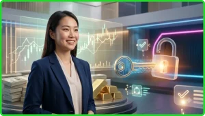 Bàn tay cầm điện thoại với biểu tượng khóa và giao diện khôi phục mật khẩu trừu tượng