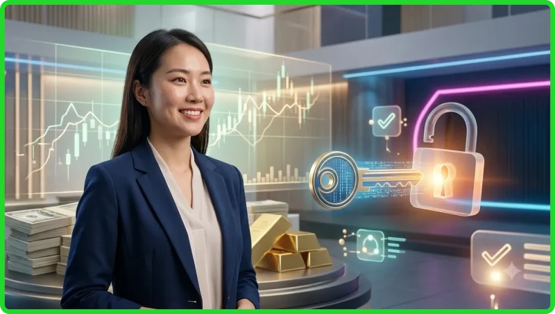 Bàn tay cầm điện thoại với biểu tượng khóa và giao diện khôi phục mật khẩu trừu tượng