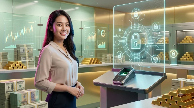 Bàn tay gõ bàn phím với biểu tượng khiên và ổ khóa hologram, minh họa tiêu chí đăng nhập an toàn