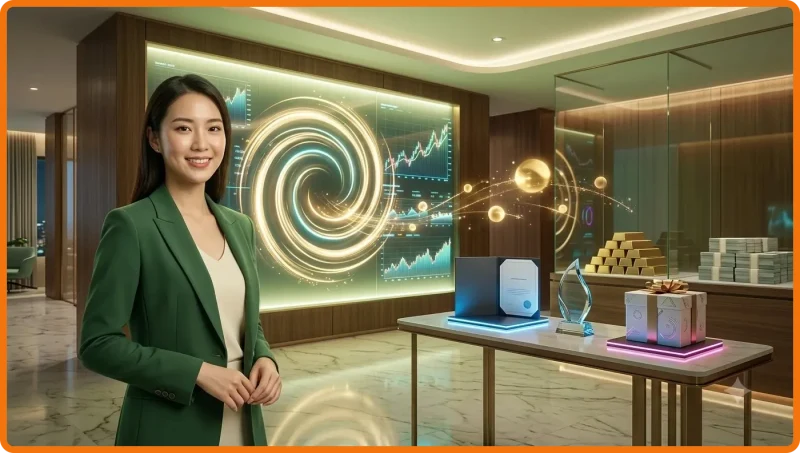 Bảng theo dõi quỹ tích lũy nổ hũ với biểu đồ tăng trưởng và đồng vàng