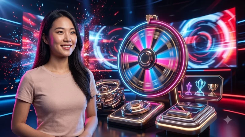 Điểm nổi bật của bàn spinning wheel game ALO789 với thiết kế vòng quay hiện đại và ánh sáng neon