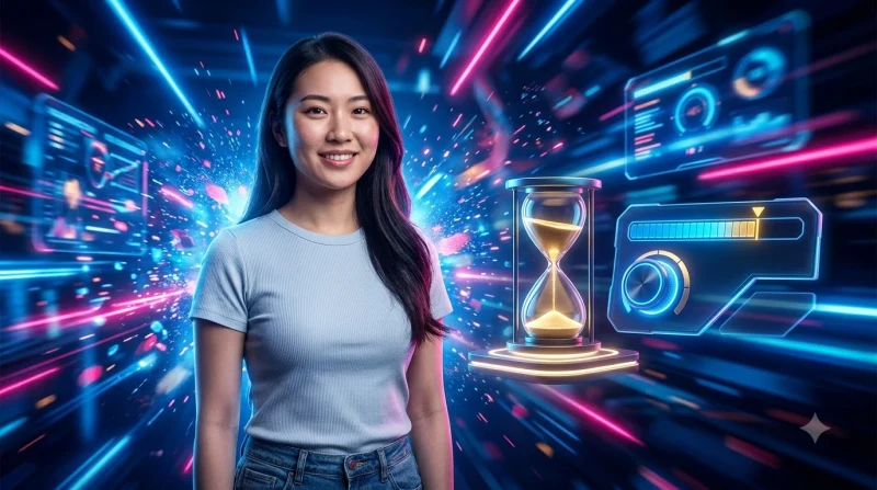 Hình ảnh đồng hồ cát phát sáng và thước đo giới hạn trong tông neon xanh đỏ