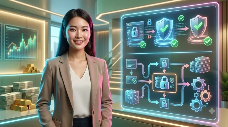Hologram danh sách tiêu chí đánh giá bảo mật với biểu tượng khiên và khóa