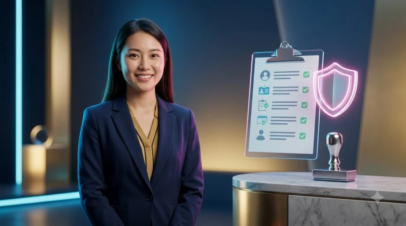 Máy tính bảng kỹ thuật số với biểu tượng hoàn tất xác minh danh tính
