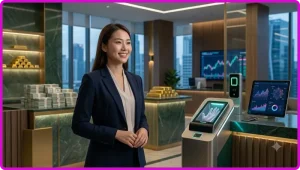 Minh họa người dùng đăng nhập an toàn với điện thoại và khiên bảo mật, nền tài chính sang trọng