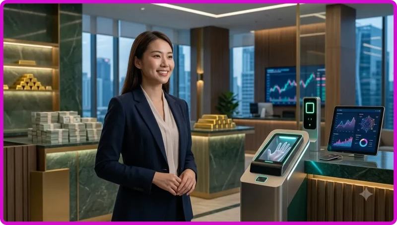 Minh họa người dùng đăng nhập an toàn với điện thoại và khiên bảo mật, nền tài chính sang trọng