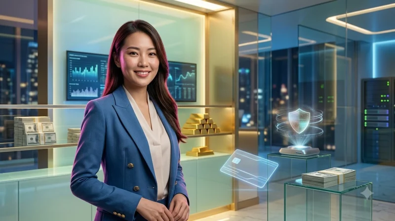 Minh họa người dùng đăng nhập an toàn với điện thoại và khiên bảo mật, nền tài chính sang trọng