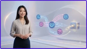 Minh họa người dùng đang tìm hiểu hướng dẫn cài đặt ứng dụng trên máy tính bảng với các biểu tượng thông tin kỹ thuật số.