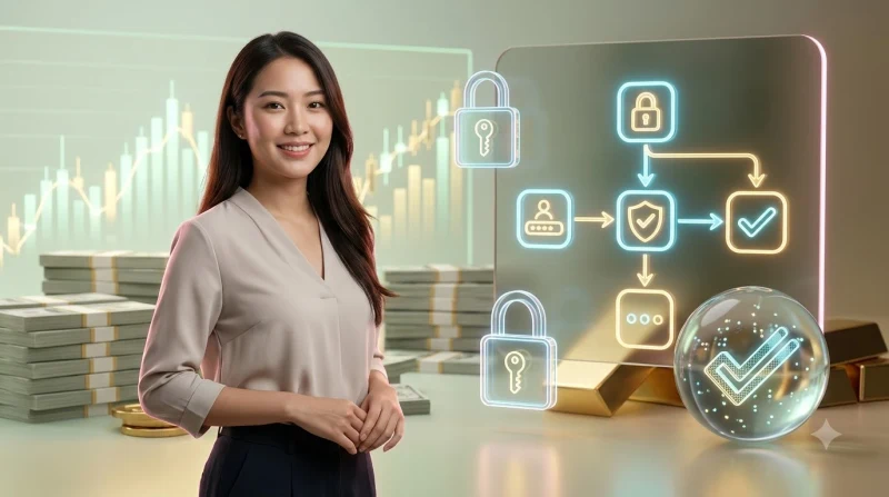 Minh họa quy trình bảo vệ tài khoản theo từng bước với các điểm kiểm tra kỹ thuật số