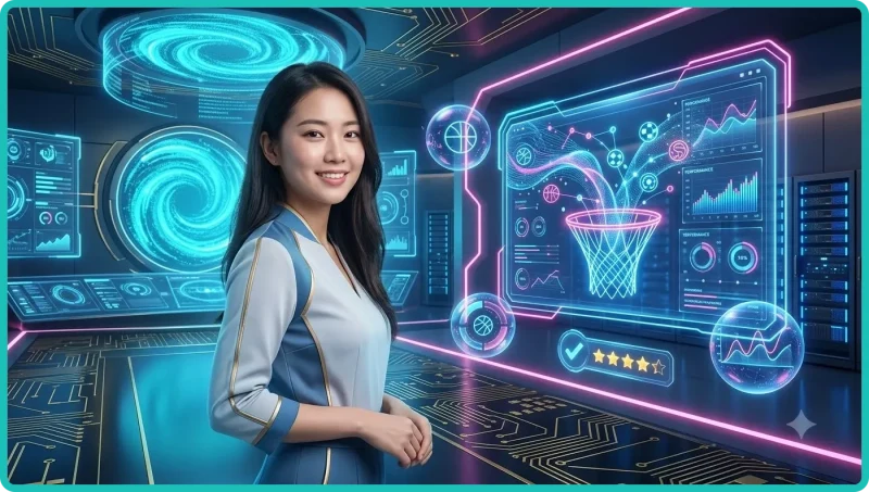 Minh họa sân bóng rổ phát sáng với hiệu ứng kết nối online thu hút người chơi Việt