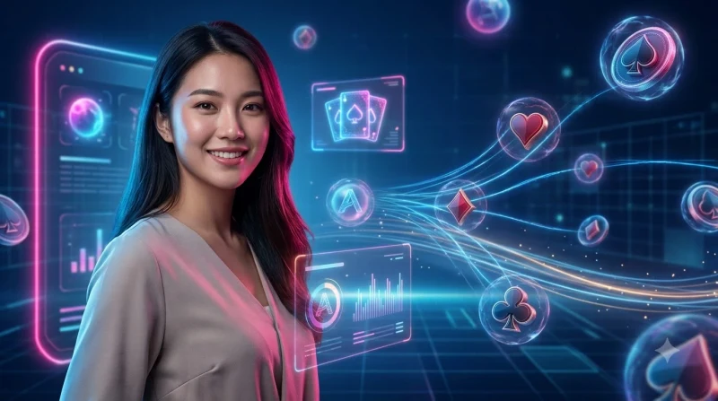 Minh họa tổng quan nền tảng game bài online với giao diện hologram và nhân vật nữ giới
