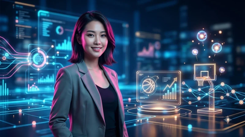 Quả bóng rổ phát sáng với luồng dữ liệu và biểu đồ trừu tượng thể hiện lợi ích cập nhật tỷ lệ liên tục