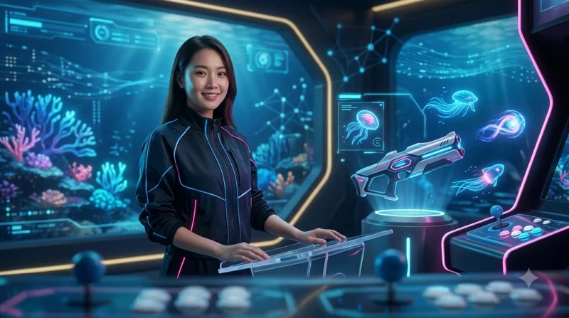 Súng bắn cá nhắm vào đàn cá trong đại dương huyền ảo với ánh sáng neon