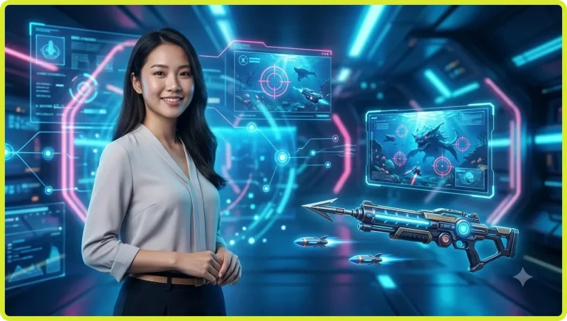 Súng bắn cá nhắm vào đàn cá trong đại dương huyền ảo với ánh sáng neon