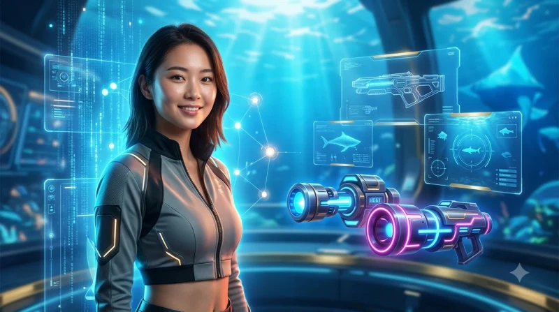 Tổng quan các loại súng bắn cá được trưng bày trên bệ phát sáng dưới đại dương