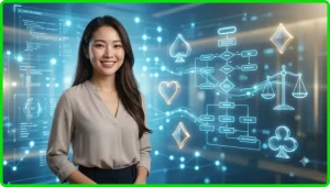 Tổng quan sảnh chơi baccarat ALO789 sang trọng với bàn cược và ánh sáng neon xanh vàng