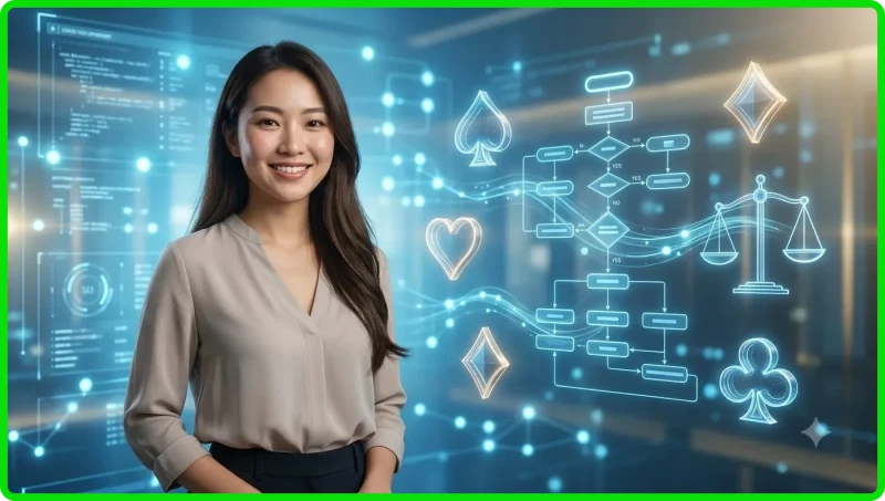 Tổng quan sảnh chơi baccarat ALO789 sang trọng với bàn cược và ánh sáng neon xanh vàng